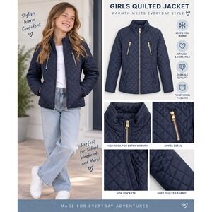 SO Girls Quilted Jacket Navy Blue Diamond Padded Full Zip Coat Preppy Size 7/8